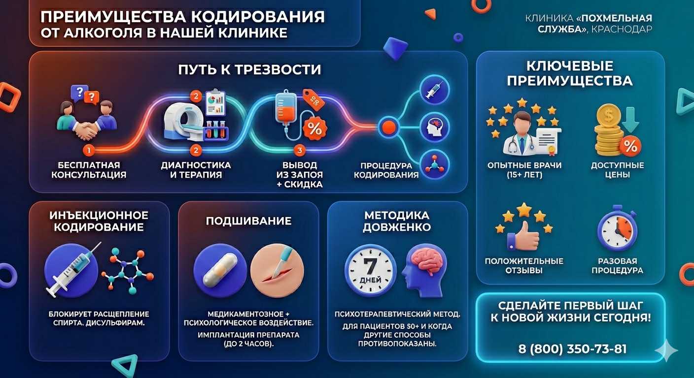 Инфографика о методах кодирования от алкоголя в Родники: инъекции, подшивание, метод Довженко. Преимущества клиники и этапы лечения.