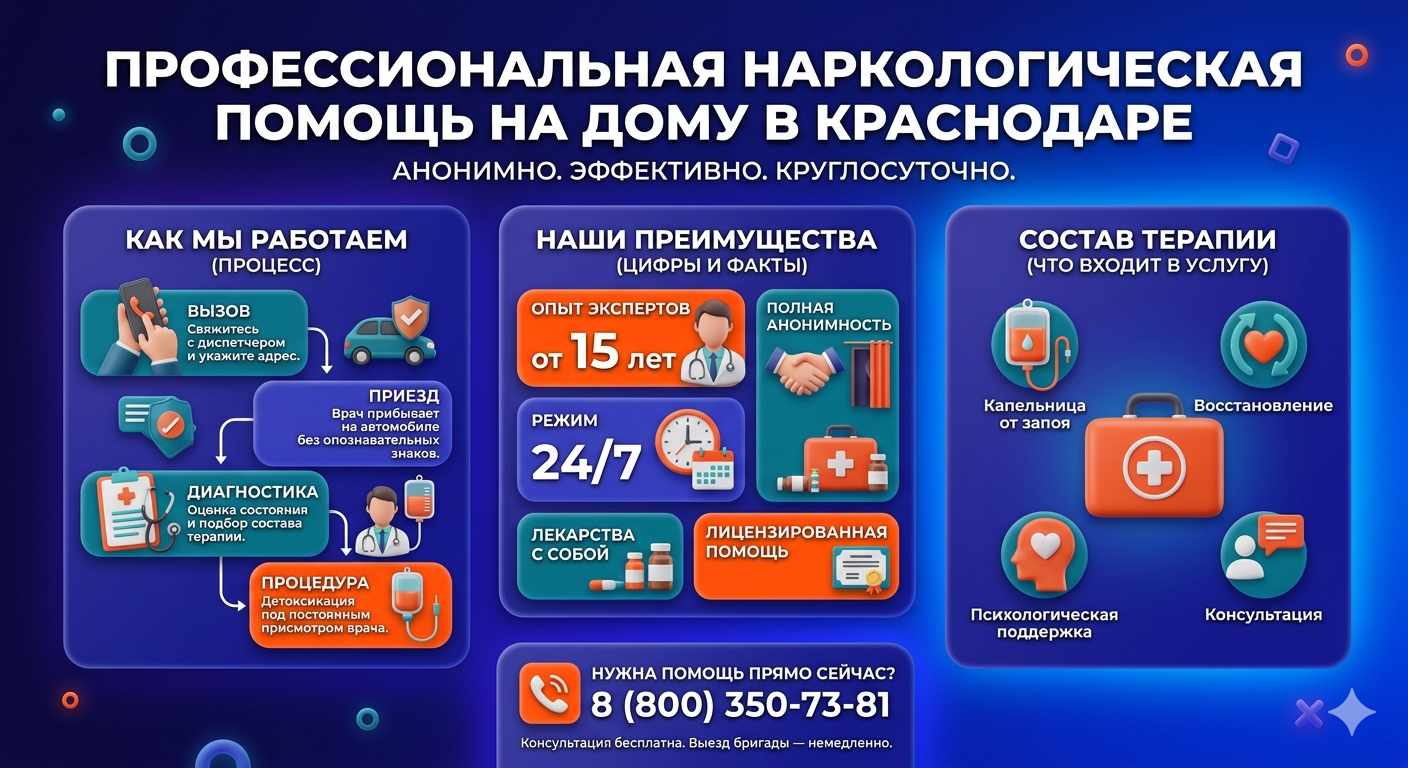 Инфографика о принципах лечения алкоголизма на дому в Родники: этапы вызова нарколога, преимущества анонимной детоксикации и состав медицинской помощи.